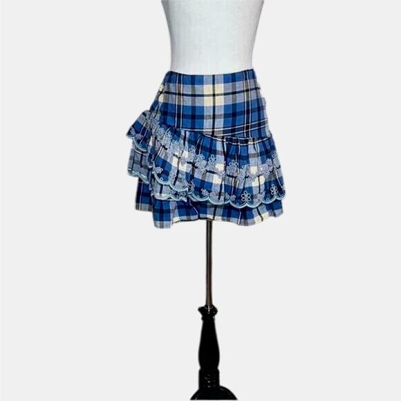 *NWT LOVESHACKFANCY Como Plaid Mini Skirt DENIM SKIES Blueberry Pie - Sz 8 - Picture 6 of 10